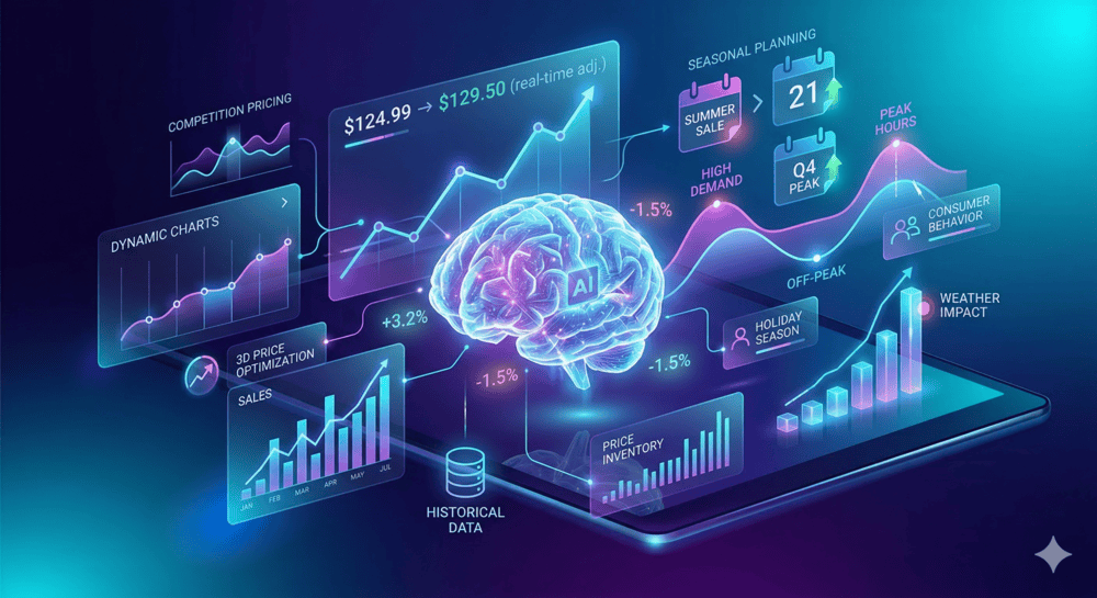 Futuristic AI system analyzing dynamic pricing, demand trends, and revenue forecasting with charts and data visualization