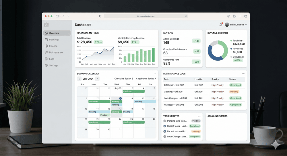 Modern owner dashboard displaying real-time financial reports, booking calendar, and maintenance task management
