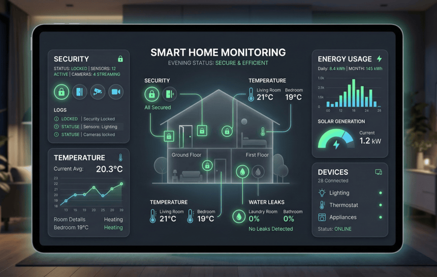 Illustration of a smart property monitoring system showing security, temperature, water leak detection, and energy usage tracking in a modern dashboard